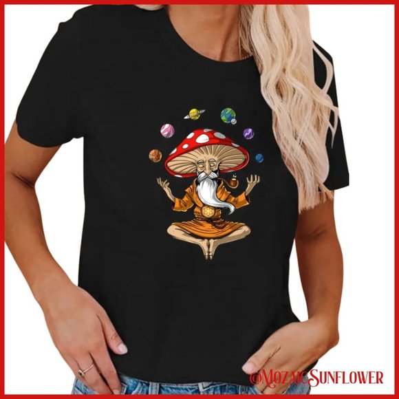 Tops - YOGI GURU Meditating PLANETS ARCHED Black Tee Ladies Size XXL (14)